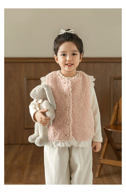 Girls Lace Trim Faux Shearling Teddy Vest, Dusty Pink