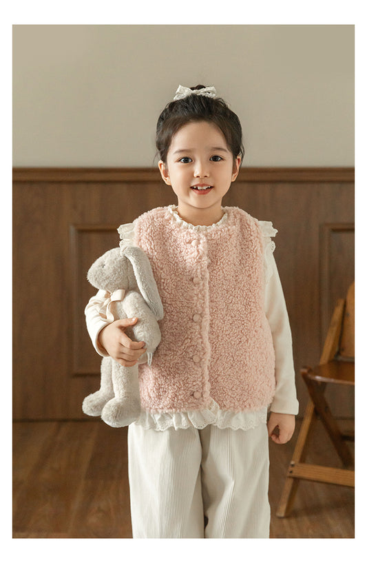 Girls Lace Trim Faux Shearling Teddy Vest, Dusty Pink