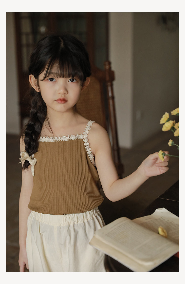 Soft ribbed knit girls strappy top in khaki by Ava & Bear London