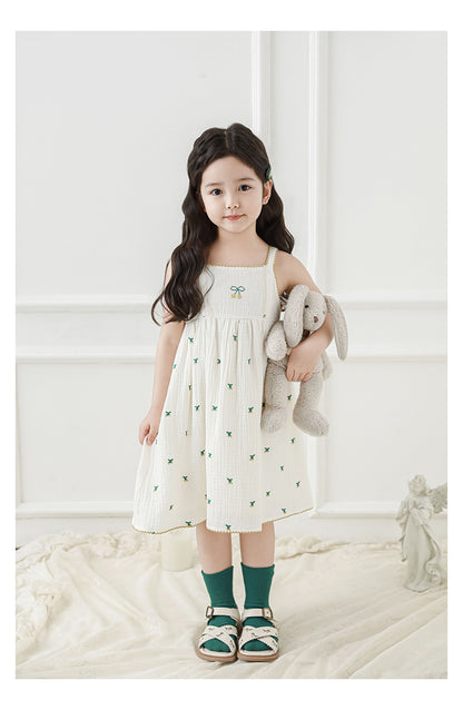 Baby Girl Cherry Embroidered Muslin Dress, Ivory