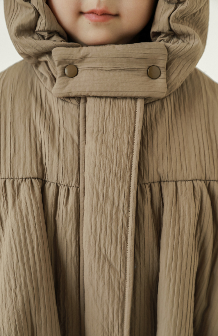 Girls Stripe Quilted Textured Puffer Coat, Mocha Beige