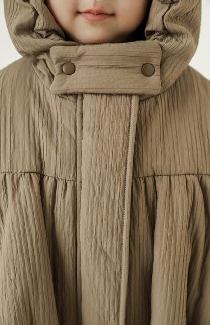 Girls Stripe Quilted Textured Puffer Coat, Mocha Beige
