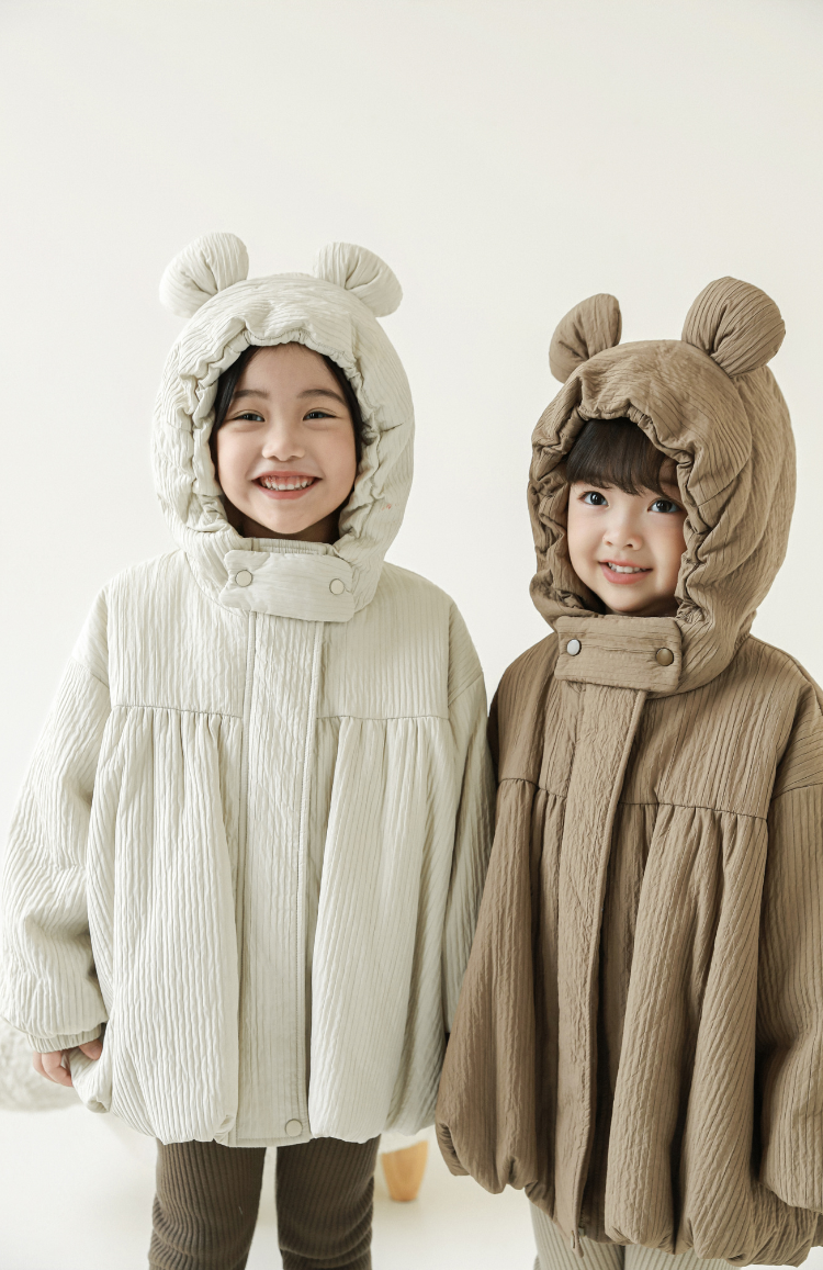 Girls Stripe Quilted Textured Puffer Coat, Mocha Beige