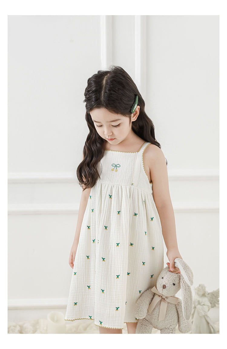Baby Girl Cherry Embroidered Muslin Dress, Ivory