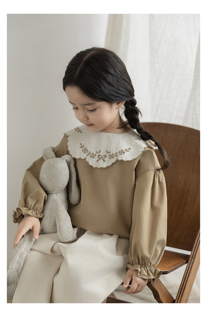 Girls Embroidered Collar Blouse, Warm Beige