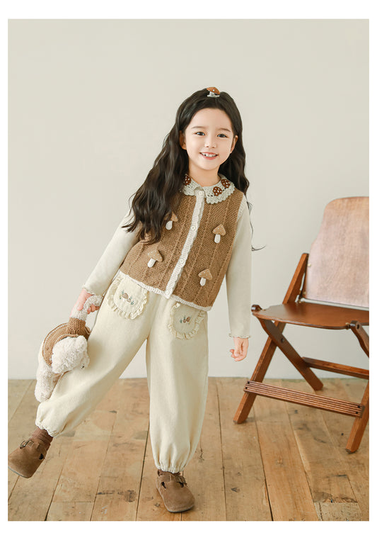 Girls Embroidered Corduroy Trousers, Buttercream