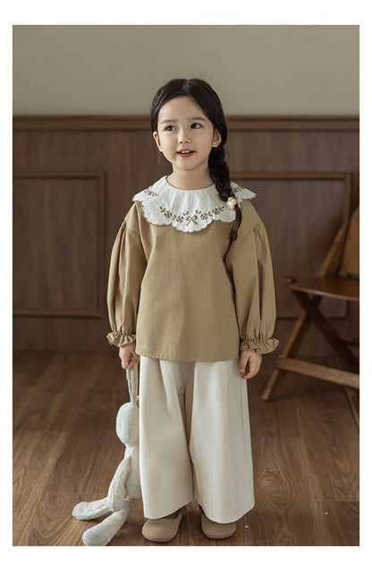 Girls Embroidered Collar Blouse, Warm Beige