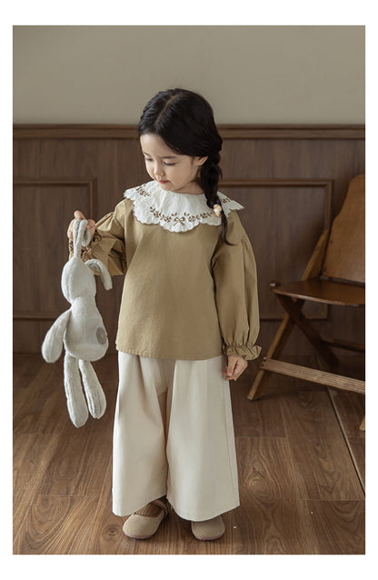 Girls Embroidered Collar Blouse, Warm Beige