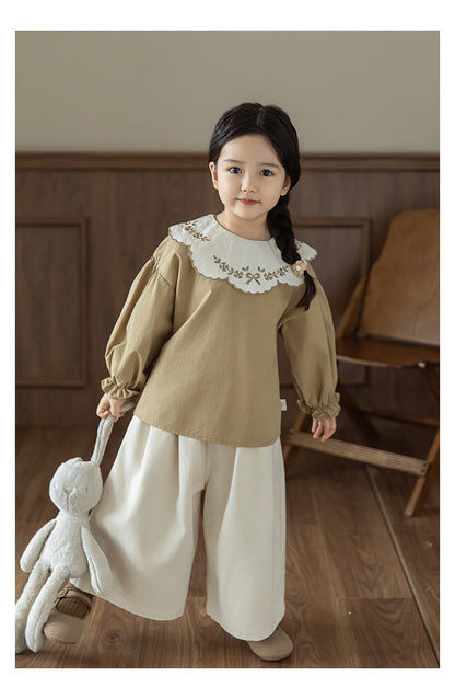 Girls Embroidered Collar Blouse, Warm Beige