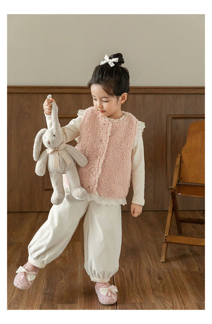 Girls Lace Trim Faux Shearling Teddy Vest, Dusty Pink