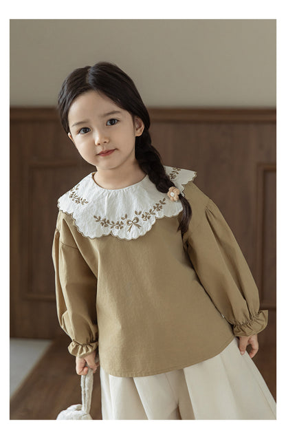 Girls Embroidered Collar Blouse, Warm Beige
