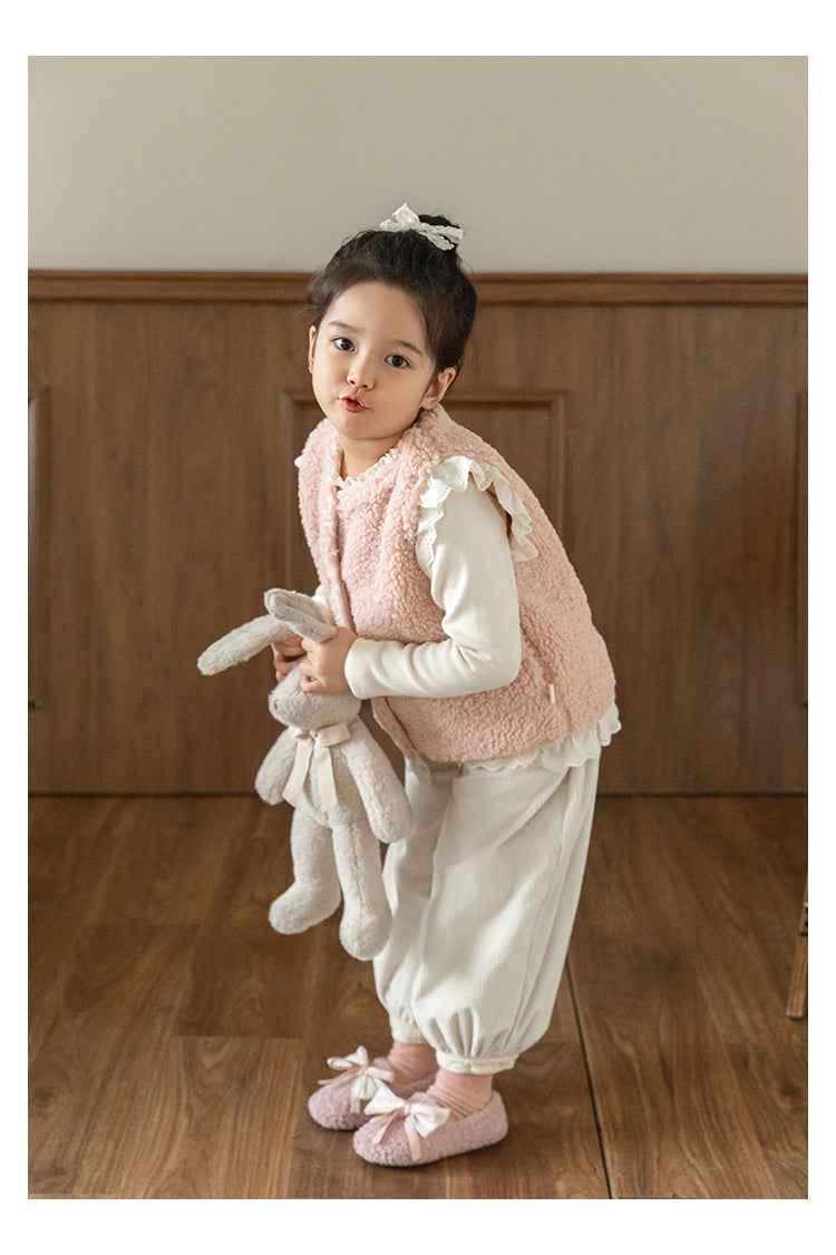 Girls Lace Trim Faux Shearling Teddy Vest, Dusty Pink
