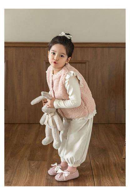 Girls Lace Trim Faux Shearling Teddy Vest, Dusty Pink