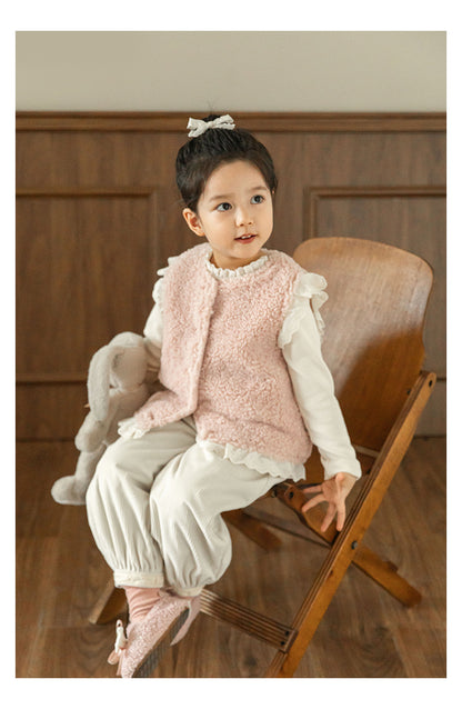 Girls Lace Trim Faux Shearling Teddy Vest, Dusty Pink