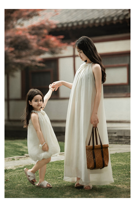 Baby Girl Bubble Hem Halter Neck Lyocell Dress, Buttercream