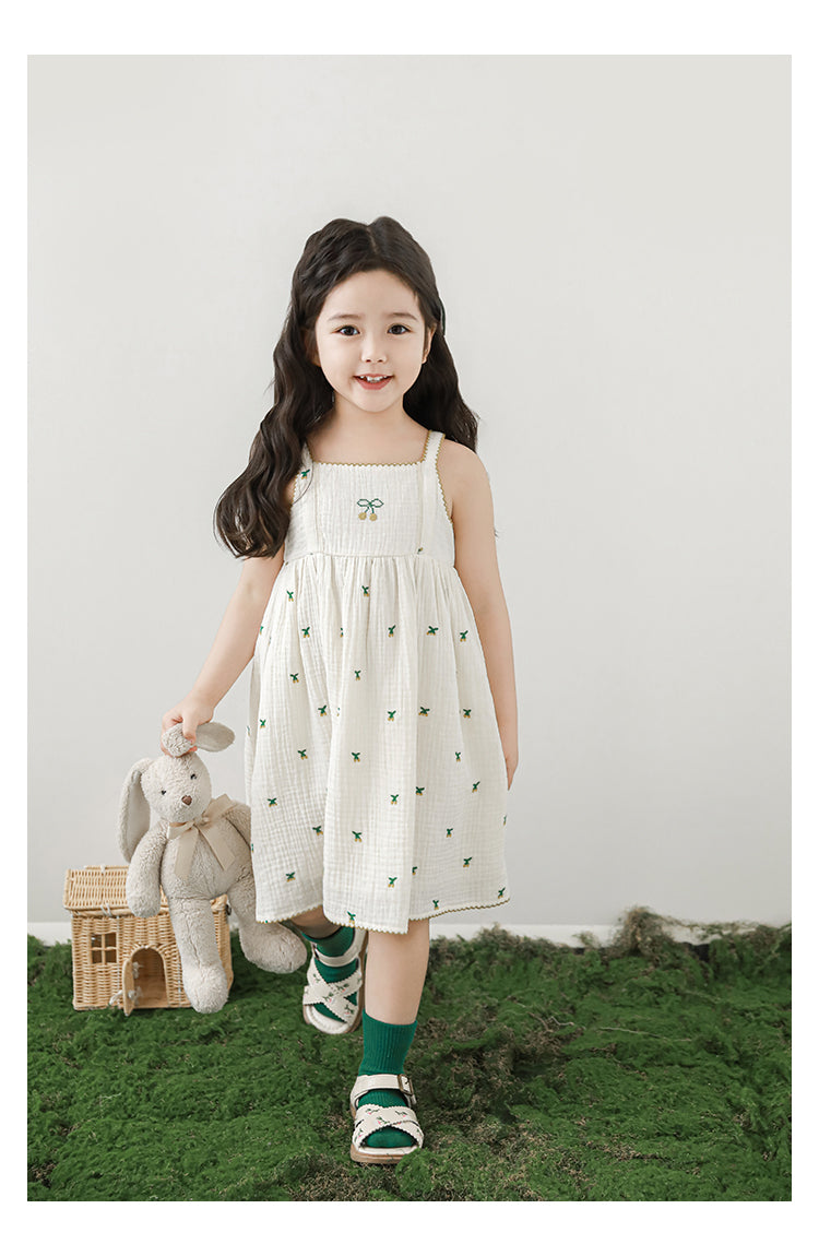 Baby Girl Cherry Embroidered Muslin Dress, Ivory