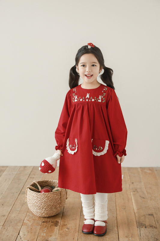 Girls Woodland Embroidered Dress, Berry Red