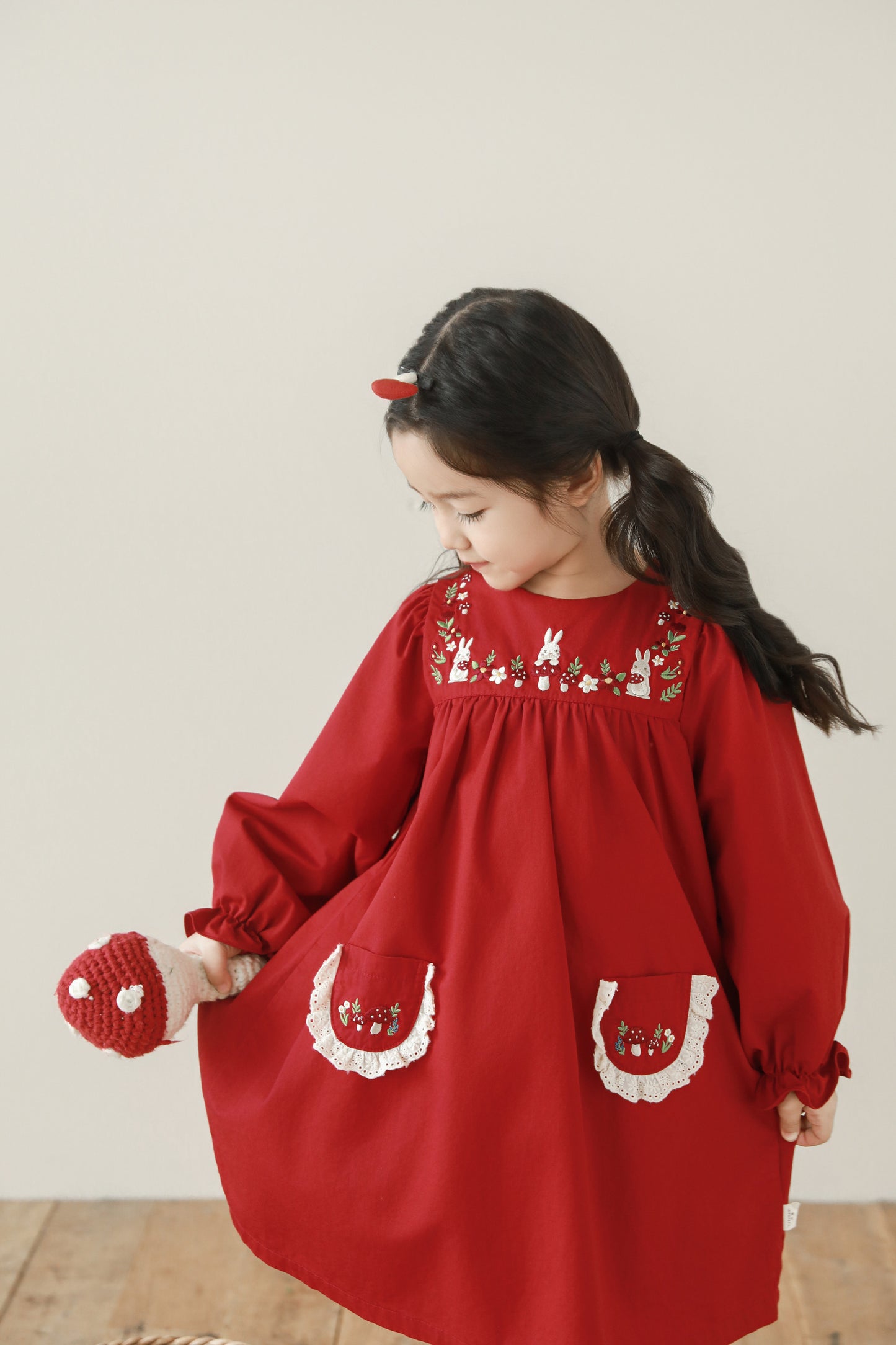 Girls Woodland Embroidered Dress, Berry Red