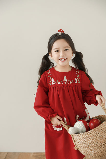 Girls Woodland Embroidered Dress, Berry Red