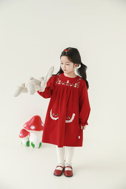 Girls Woodland Embroidered Dress, Berry Red