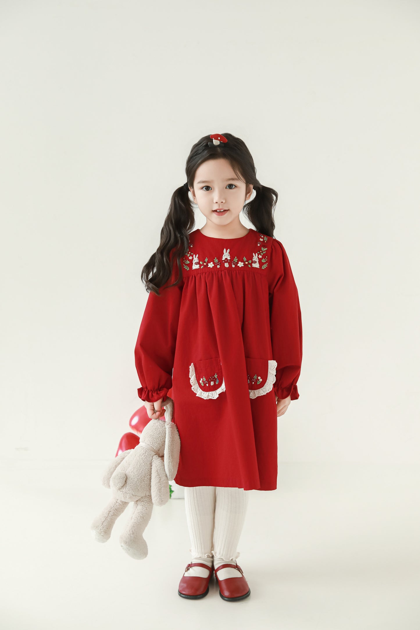 Girls Woodland Embroidered Dress, Berry Red