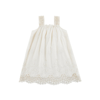 Girls Floral Embroidered Broderie Strap Dress, Ivory