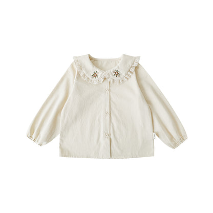 Girls cream cotton shirt with embroidered ruffled Peter Pan collar