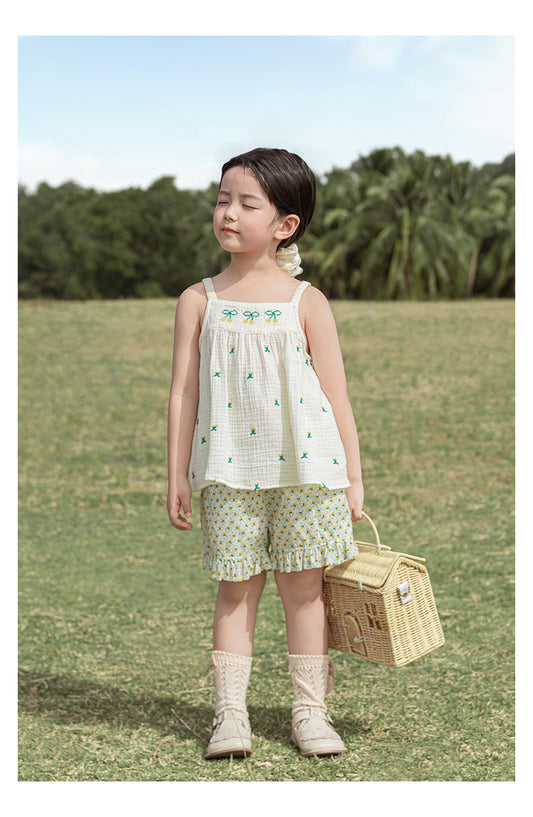 Girls Floral Ruffle Cotton Shorts, Sunny Meadow