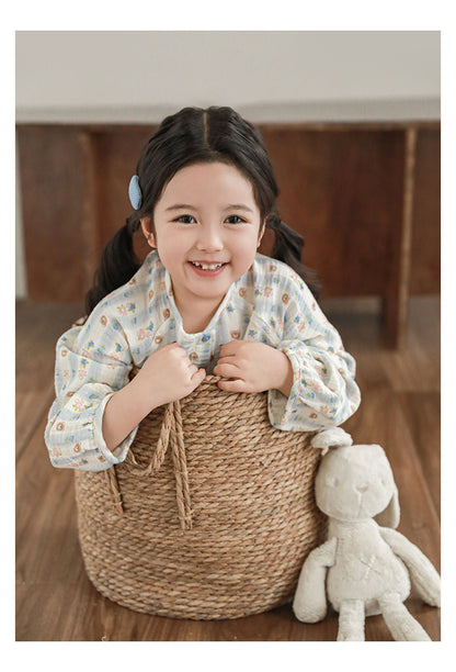 Girls Cotton Muslin Pyjama & Lounge Set, Bear & Floral Stripe