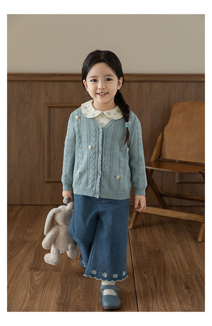 Baby Girl Floral Crochet Cable Knit Cardigan, Powder Blue