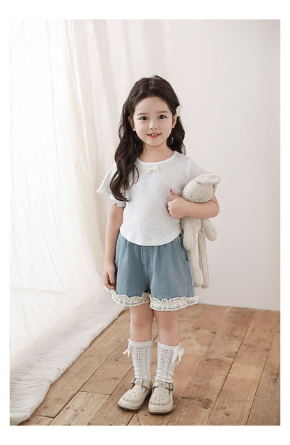Girls Heart Pointelle Cropped T-Shirt, White