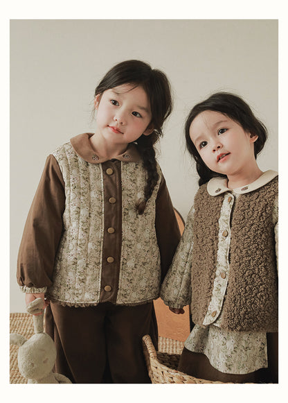 Girls Reversible Padded Teddy Coat, Cocoa Floral