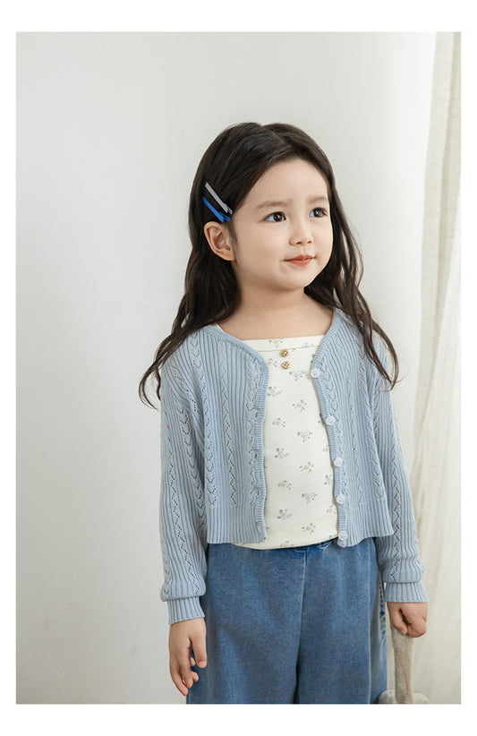 Baby Girl Ribbed Pointelle Knit Cardigan, Powder Blue