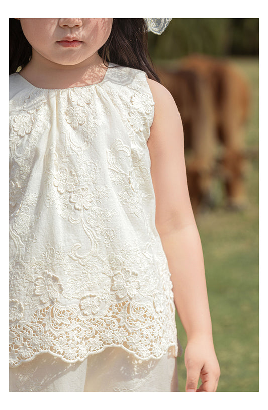 Girls Floral Embroidered Lace Top & Trousers Set, Ivory White