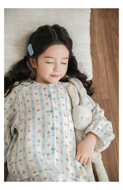 Girls Cotton Muslin Pyjama & Lounge Set, Bear & Floral Stripe