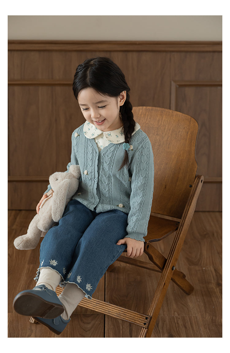 Baby Girl Floral Crochet Cable Knit Cardigan, Powder Blue