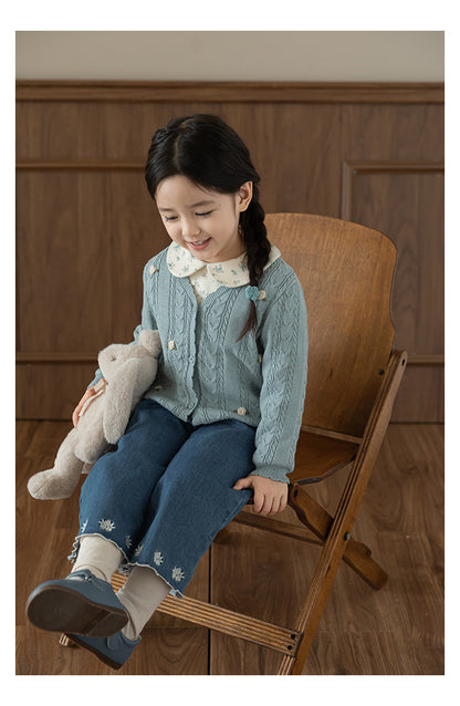 Baby Girl Floral Crochet Cable Knit Cardigan, Powder Blue