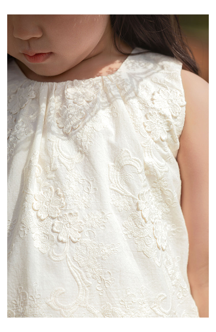Girls Floral Embroidered Lace Top & Trousers Set, Ivory White