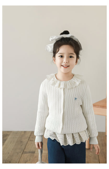 Girls Bow Embroidered Cable Knit Cardigan, Ivory
