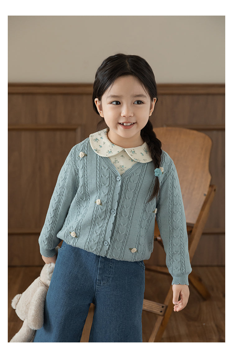 Baby Girl Floral Crochet Cable Knit Cardigan, Powder Blue