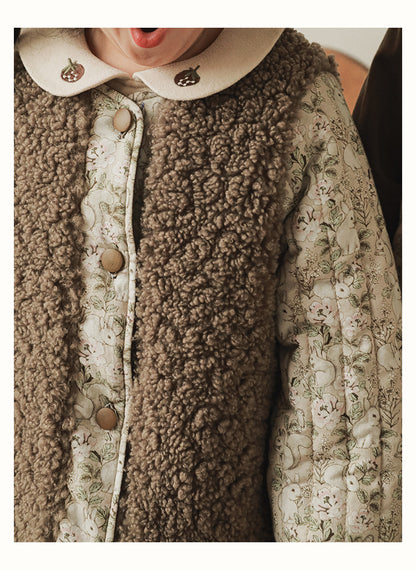 Girls Reversible Padded Teddy Coat, Cocoa Floral
