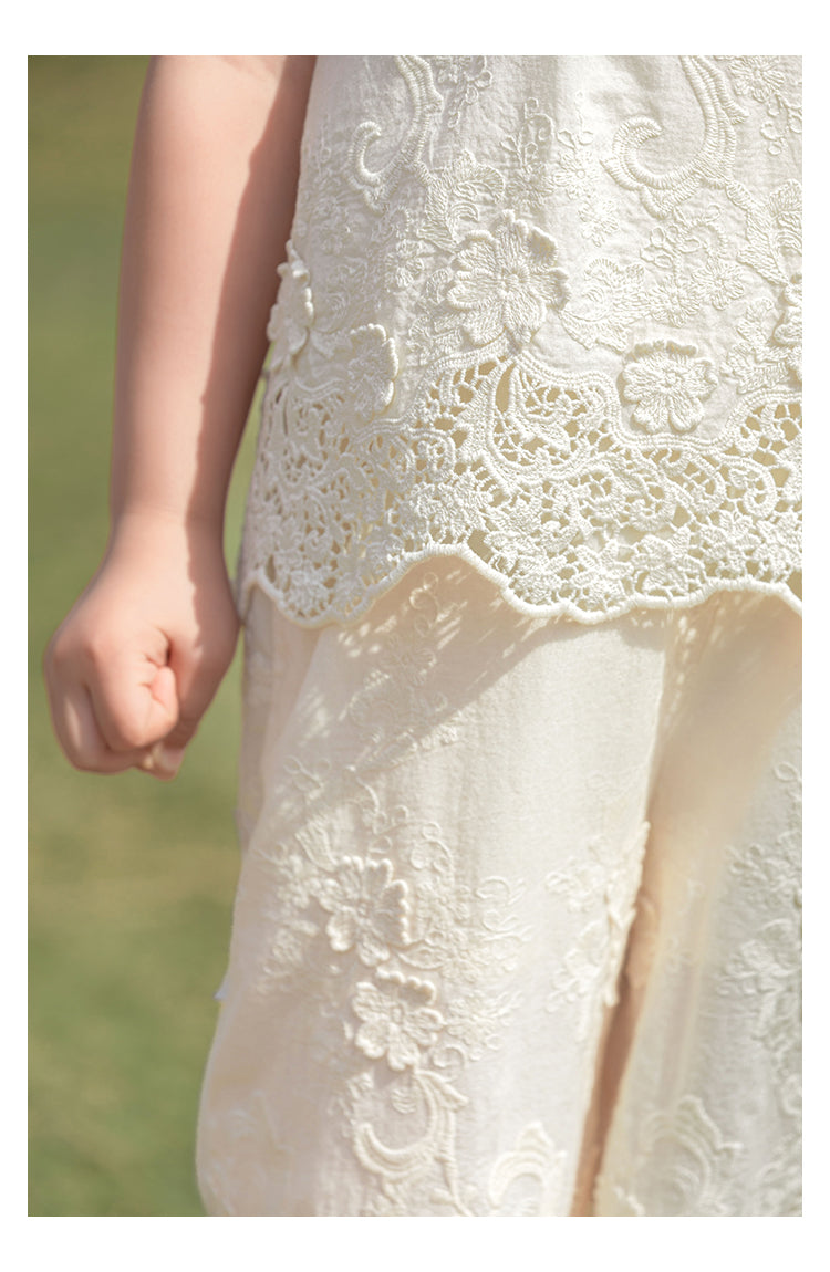 Girls Floral Embroidered Lace Top & Trousers Set, Ivory White