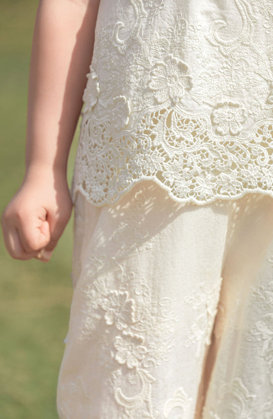 Floral Embroidered Cotton Top & Trousers Set, Ivory