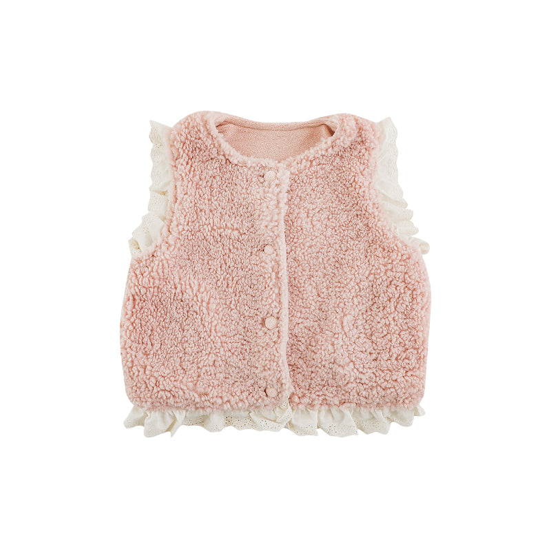 Girls Lace Trim Faux Shearling Teddy Vest, Dusty Pink