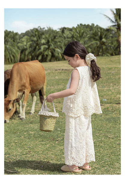 Girls Floral Embroidered Lace Top & Trousers Set, Ivory White