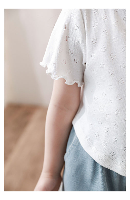Close-up of frilled sleeve and pointelle texture on T-shirt