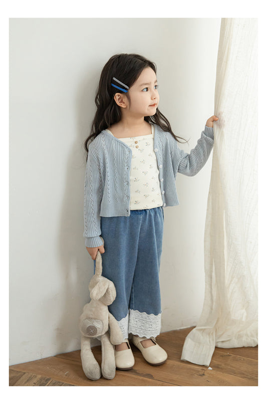 Baby Girl Ribbed Pointelle Knit Cardigan, Powder Blue