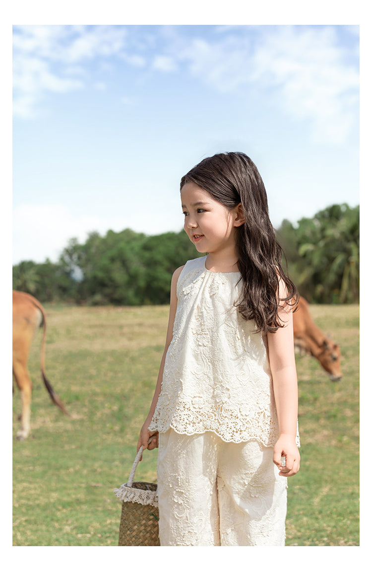 Girls Floral Embroidered Lace Top & Trousers Set, Ivory White