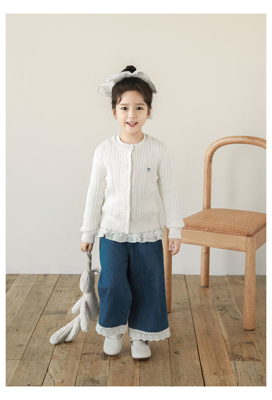 Girls Bow Embroidered Cable Knit Cardigan, Ivory