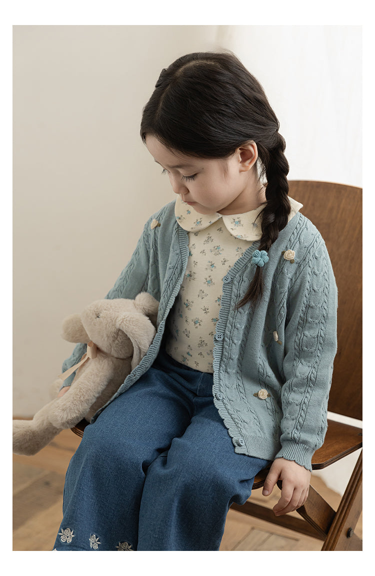 Baby Girl Floral Crochet Cable Knit Cardigan, Powder Blue